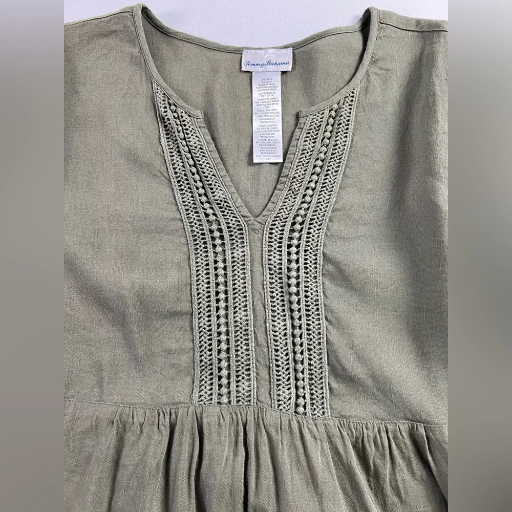Tommy Bahama Olive Green Linen Viscose Eyelet Boho Peasant Dress - Picture 6 of 14